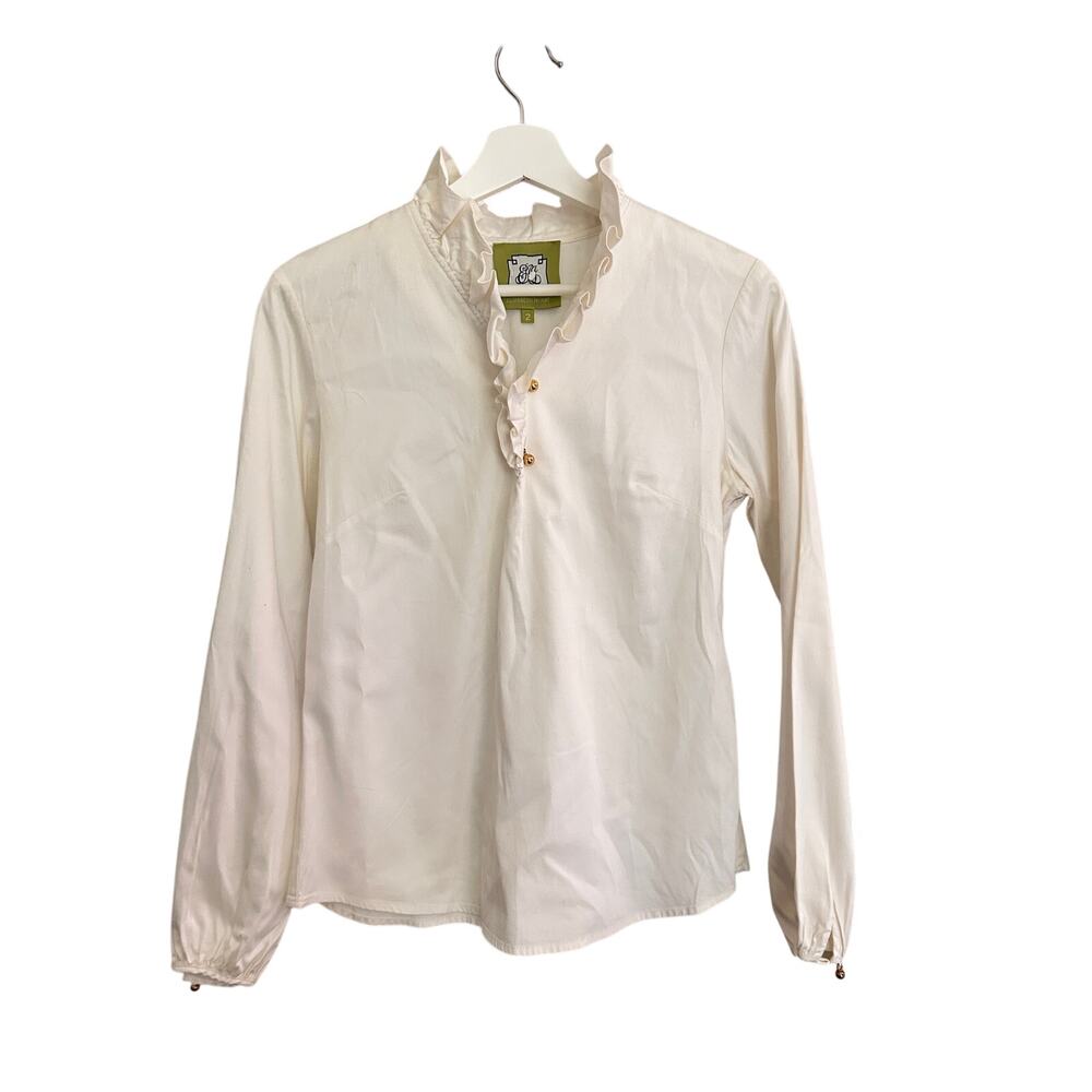 Elizabeth McKay Top Womens 2 Creamy White Ruffle Neck Toggle Button Classic